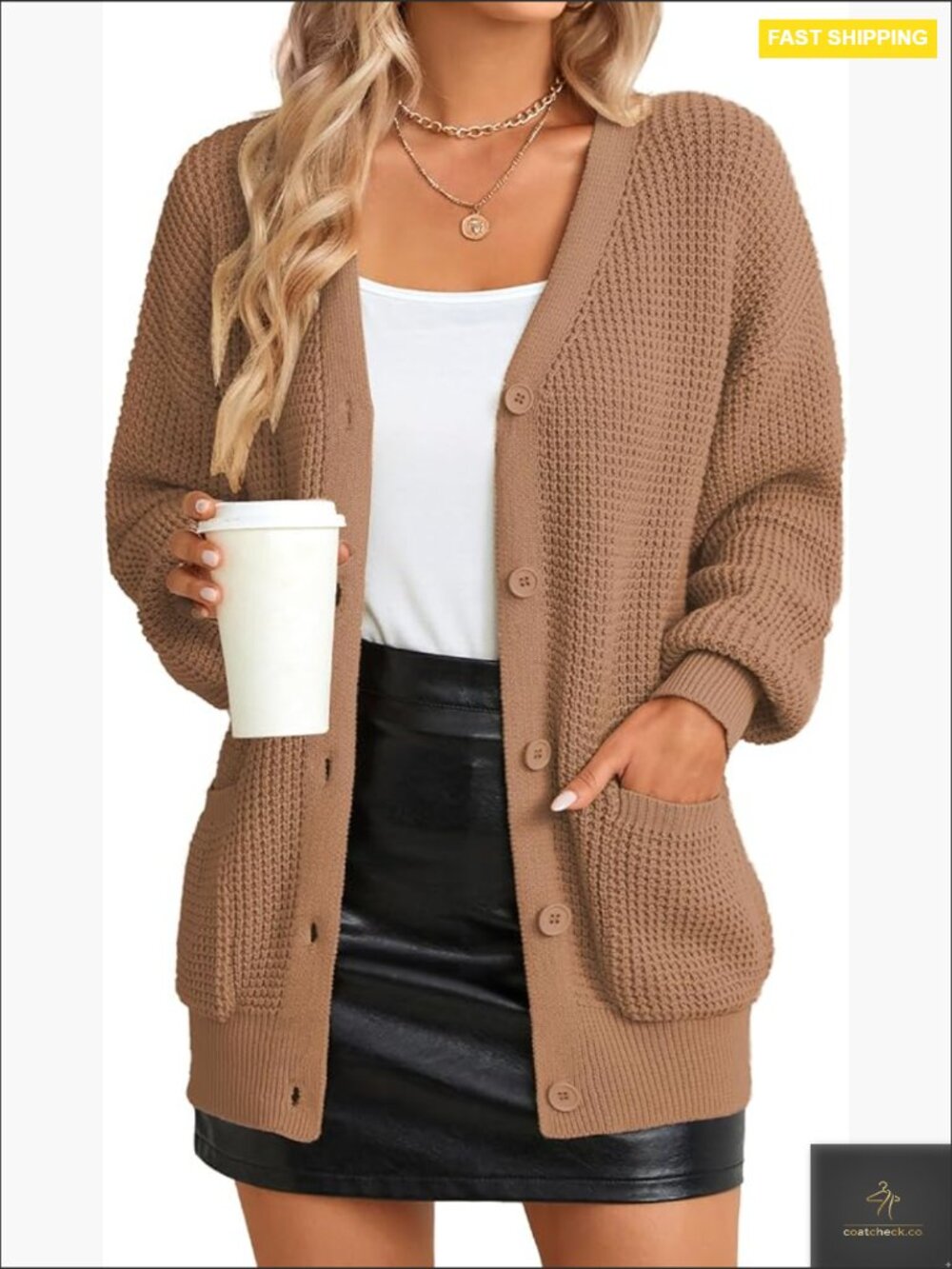 Button-Down Oversized Knit Cardigan with Pockets, Long Sleeve V-Neck, Soft